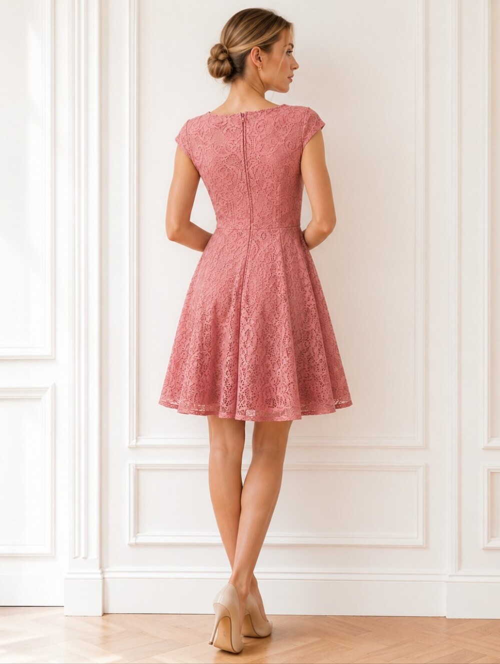 AUW | Pink Lace Fit & Flare Dress | Size 12 | Cap Sleeve Feminine Occasion Dress - Picture 2 of 8